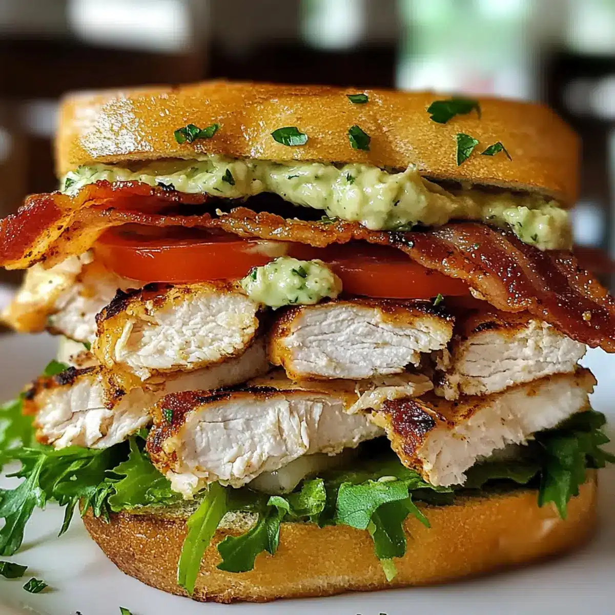 Ultimate Loaded Chicken Club Sandwich with Crispy Bacon and Avocado Ranch Spread