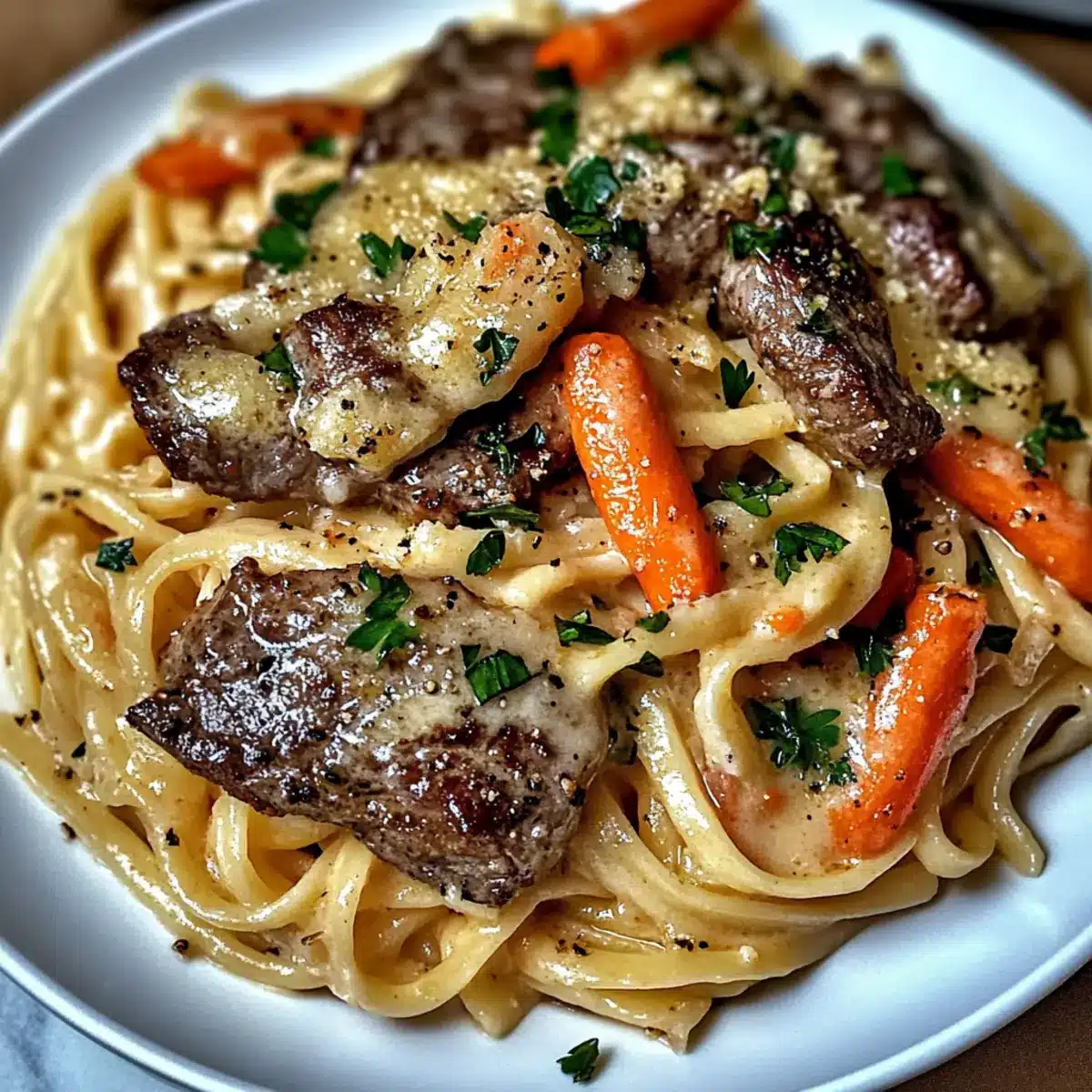 Cowboy Butter Steak Linguine with Roasted Carrots & Parsley Recipe