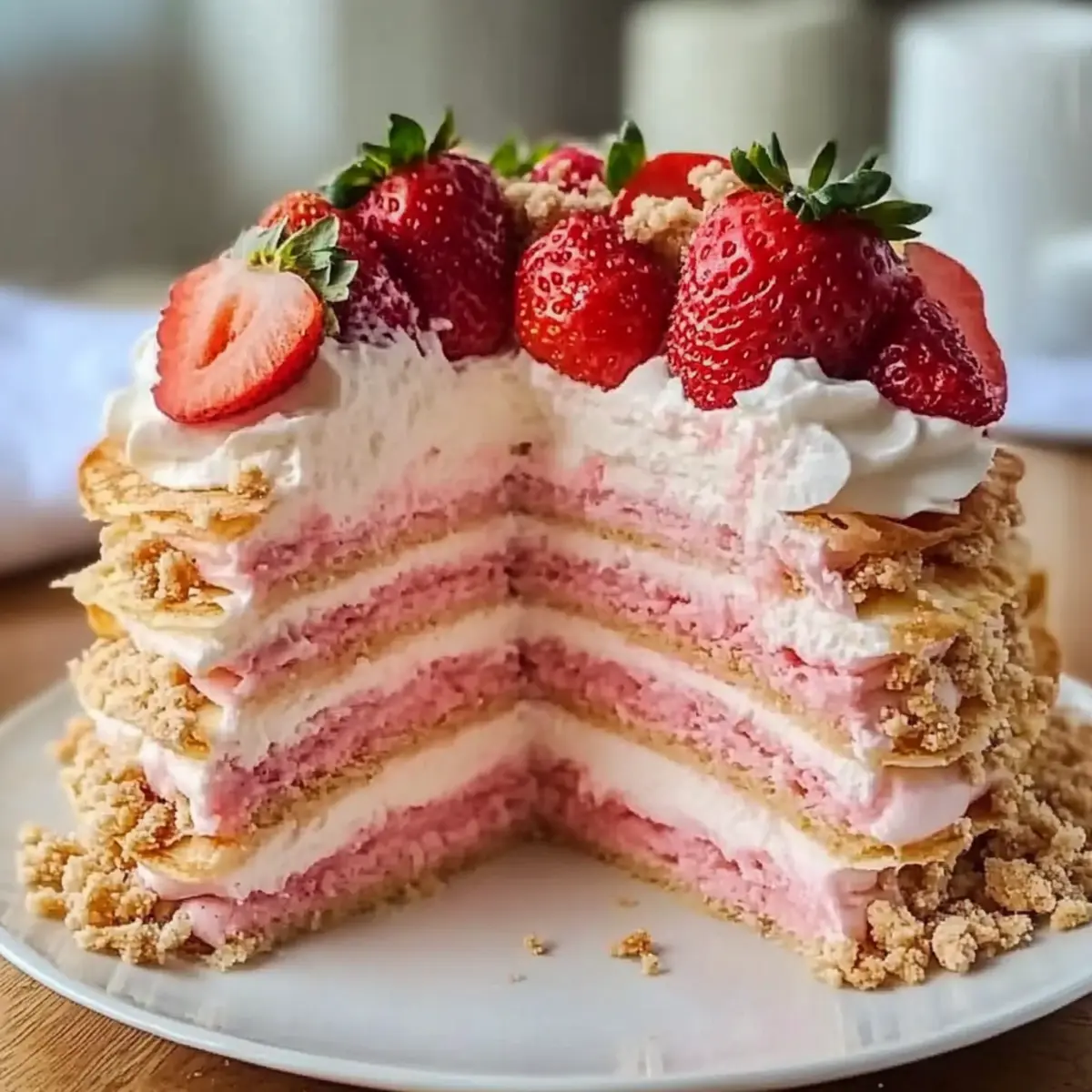 Strawberry Crumble Crepe Cake