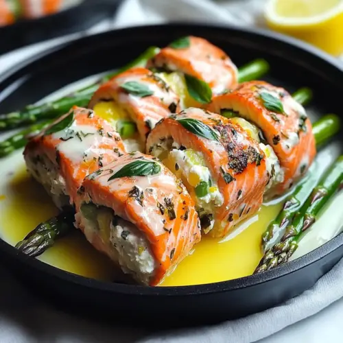 Asparagus and Lemon Basil Ricotta Stuffed Salmon Rolls with Lemon Sauce
