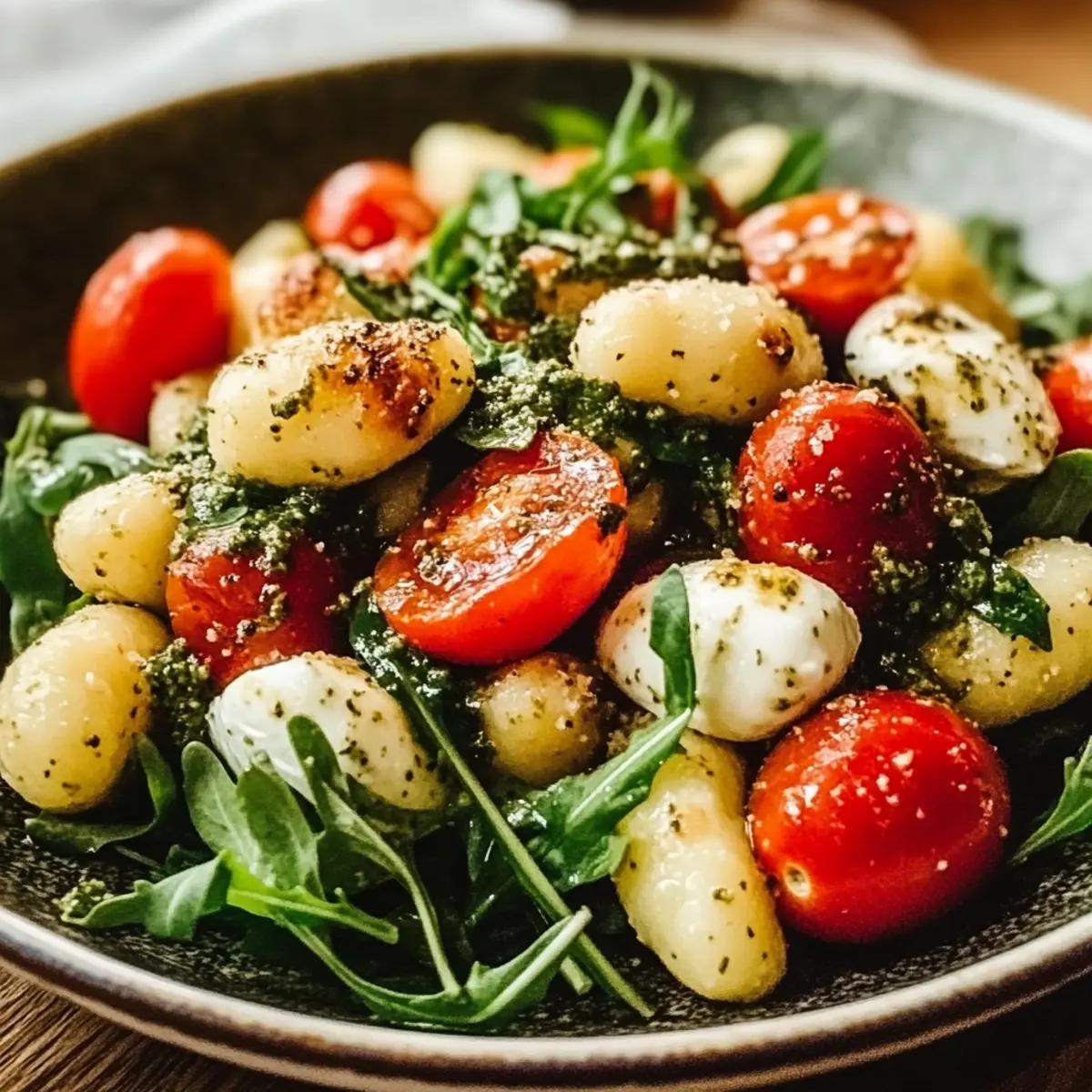 Roasted Gnocchi Salad with Basil Pesto, Tomatoes, Mozzarella, and Arugula